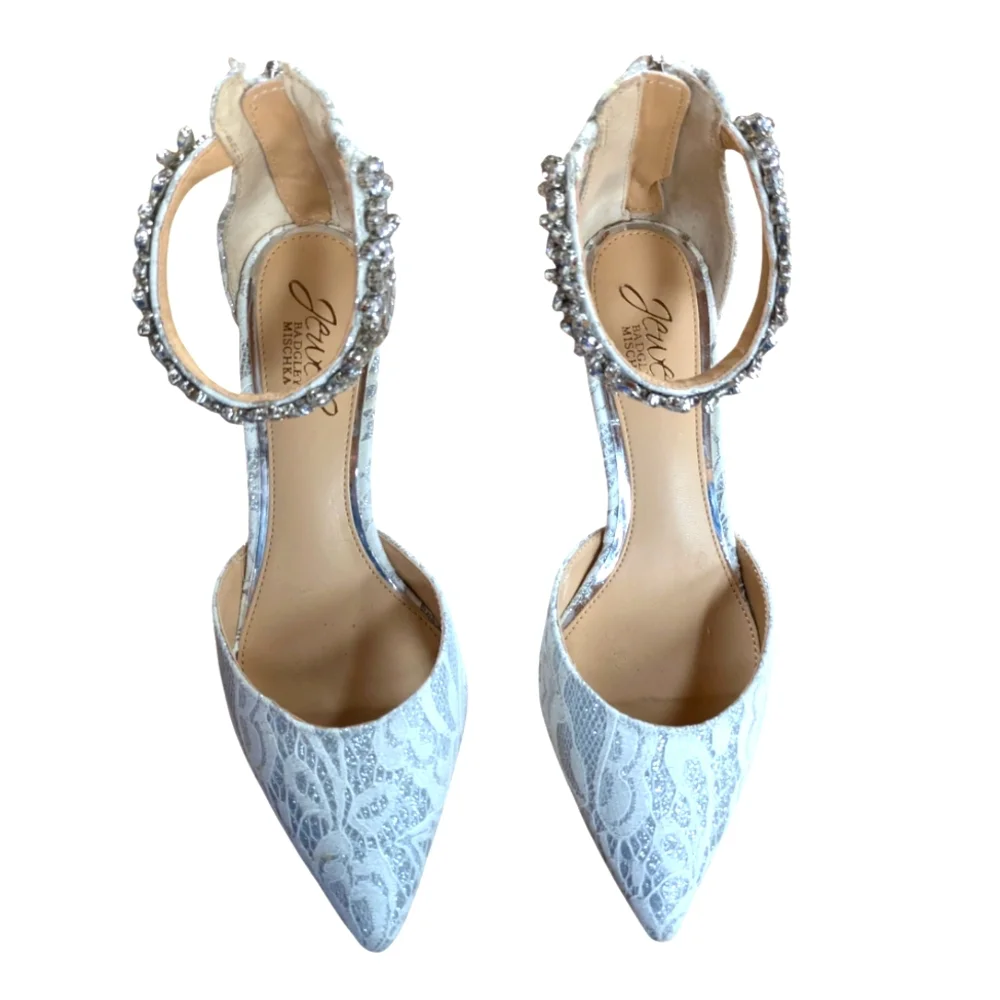 Jewel Badgley Mischka Lace d'Orsay Heels with Crystal Ankle Strap Size 6 Wedding - Picture 3 of 14
